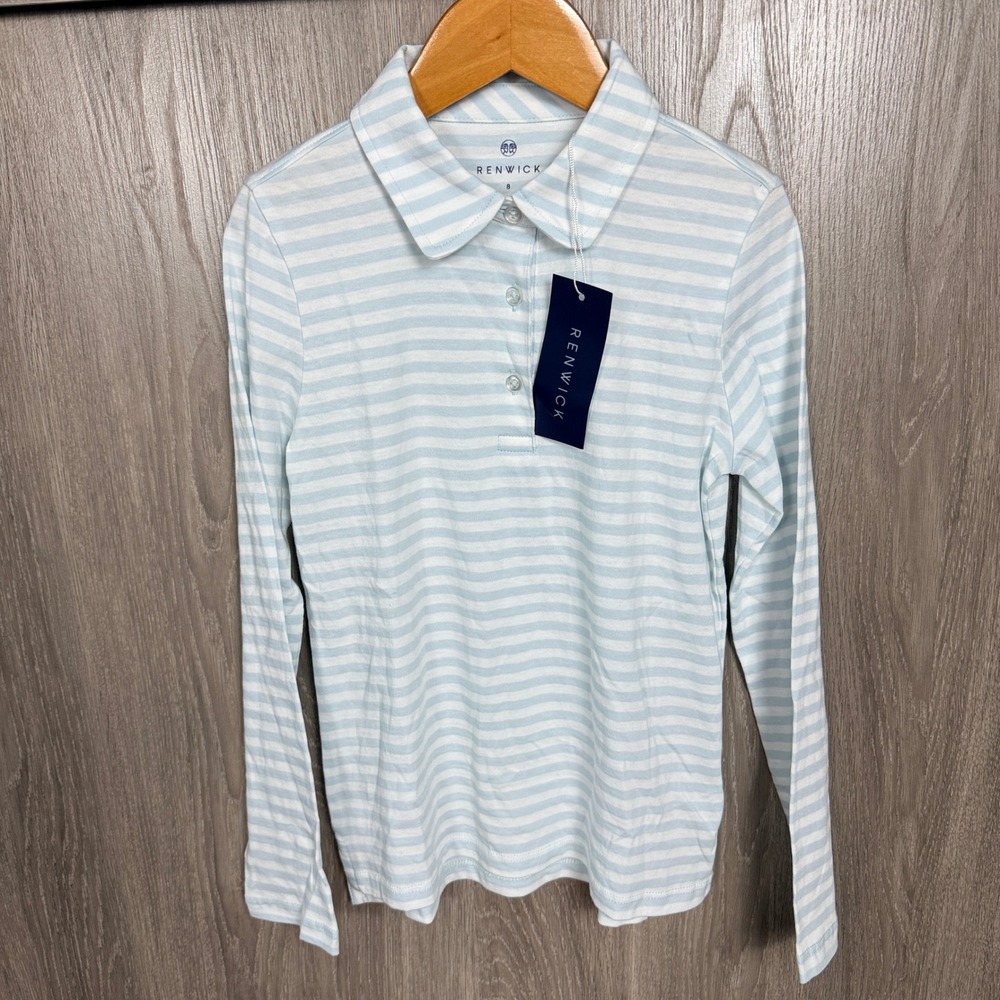 Renwick Long Sleeve Polo Girl 8 Blue White Striped Pima Cotton Preppy Sporty NWT